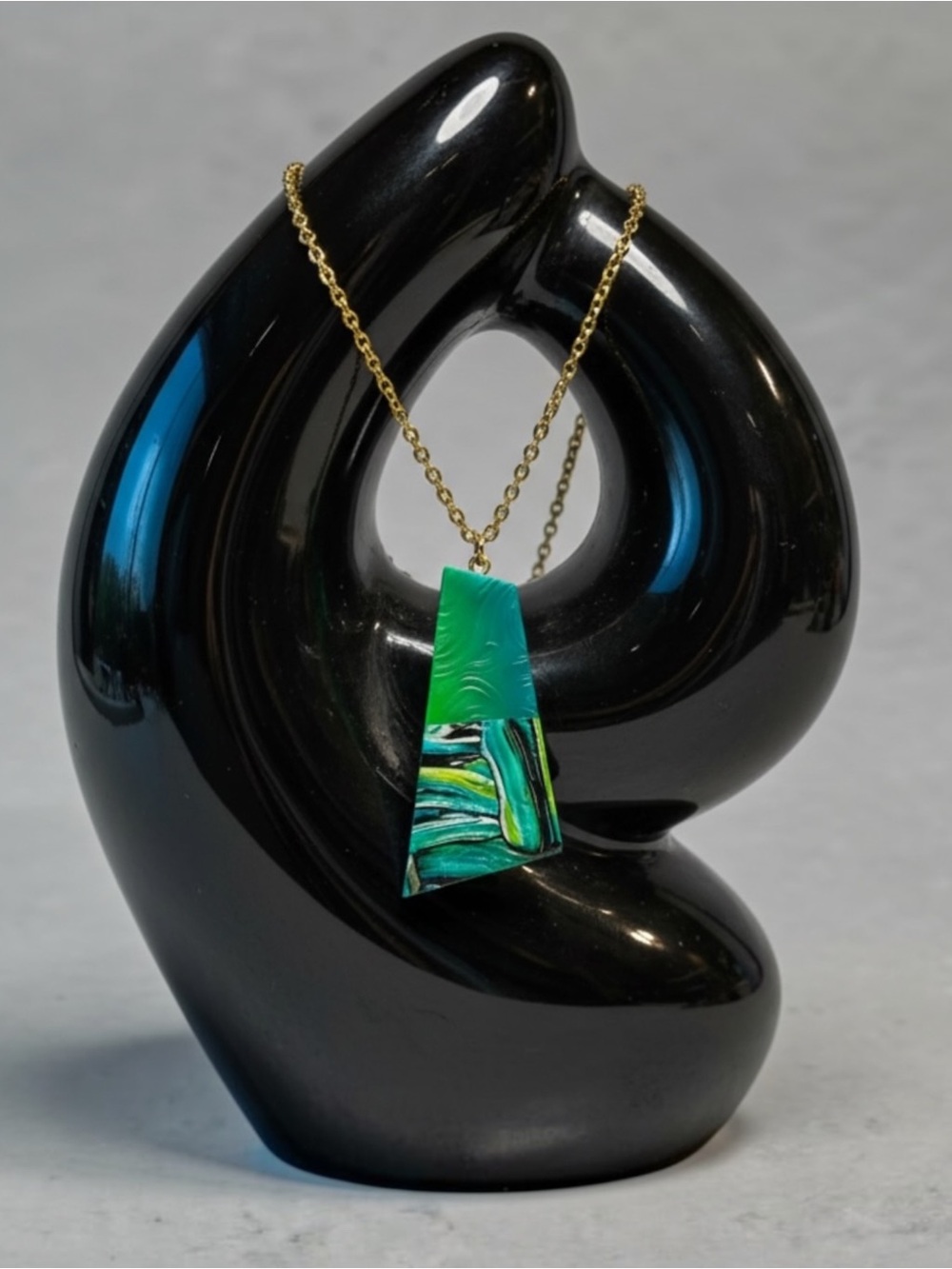 Handmade Blue Green Abstract Polymer Clay Statement Pendant Necklace on Chain